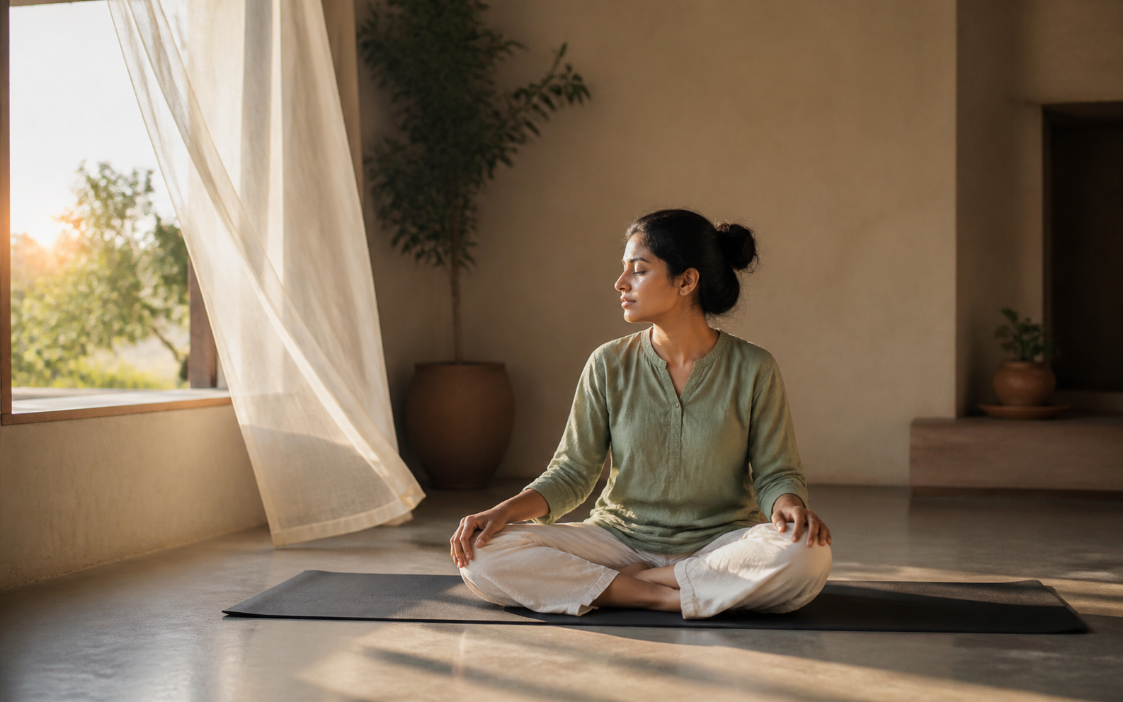 A woman seated quietly after yoga beside an open window in warm morning light